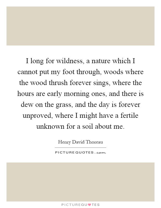 I long for wildness, a nature which I cannot put my foot through, woods where the wood thrush forever sings, where the hours are early morning ones, and there is dew on the grass, and the day is forever unproved, where I might have a fertile unknown for a soil about me Picture Quote #1
