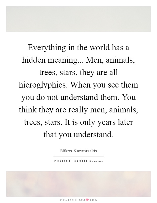 Everything in the world has a hidden meaning... Men, animals, trees, stars, they are all hieroglyphics. When you see them you do not understand them. You think they are really men, animals, trees, stars. It is only years later that you understand Picture Quote #1