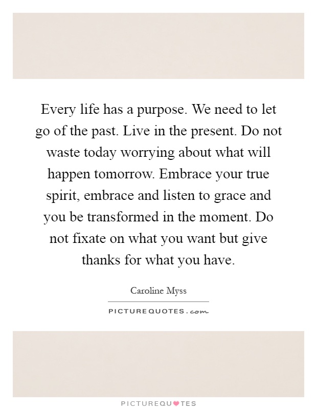 Every life has a purpose. We need to let go of the past. Live in the present. Do not waste today worrying about what will happen tomorrow. Embrace your true spirit, embrace and listen to grace and you be transformed in the moment. Do not fixate on what you want but give thanks for what you have Picture Quote #1