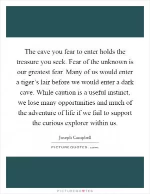 The cave you fear to enter holds the treasure you seek. Fear of the unknown is our greatest fear. Many of us would enter a tiger’s lair before we would enter a dark cave. While caution is a useful instinct, we lose many opportunities and much of the adventure of life if we fail to support the curious explorer within us Picture Quote #1