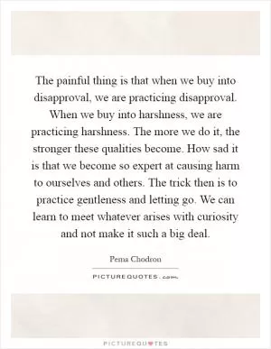 The painful thing is that when we buy into disapproval, we are practicing disapproval. When we buy into harshness, we are practicing harshness. The more we do it, the stronger these qualities become. How sad it is that we become so expert at causing harm to ourselves and others. The trick then is to practice gentleness and letting go. We can learn to meet whatever arises with curiosity and not make it such a big deal Picture Quote #1