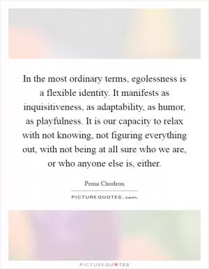 In the most ordinary terms, egolessness is a flexible identity. It manifests as inquisitiveness, as adaptability, as humor, as playfulness. It is our capacity to relax with not knowing, not figuring everything out, with not being at all sure who we are, or who anyone else is, either Picture Quote #1