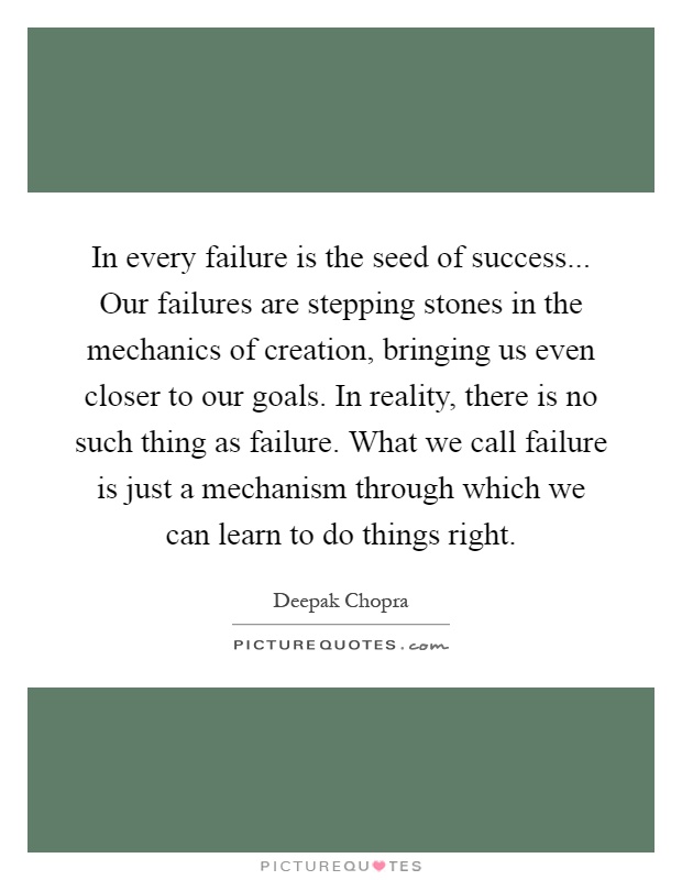 In every failure is the seed of success... Our failures are stepping stones in the mechanics of creation, bringing us even closer to our goals. In reality, there is no such thing as failure. What we call failure is just a mechanism through which we can learn to do things right Picture Quote #1