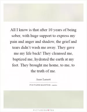 All I know is that after 10 years of being sober, with huge support to express my pain and anger and shadow, the grief and tears didn’t wash me away. They gave me my life back! They cleansed me, baptized me, hydrated the earth at my feet. They brought me home, to me, to the truth of me Picture Quote #1