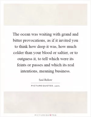 The ocean was waiting with grand and bitter provocations, as if it invited you to think how deep it was, how much colder than your blood or saltier, or to outguess it, to tell which were its feints or passes and which its real intentions, meaning business Picture Quote #1