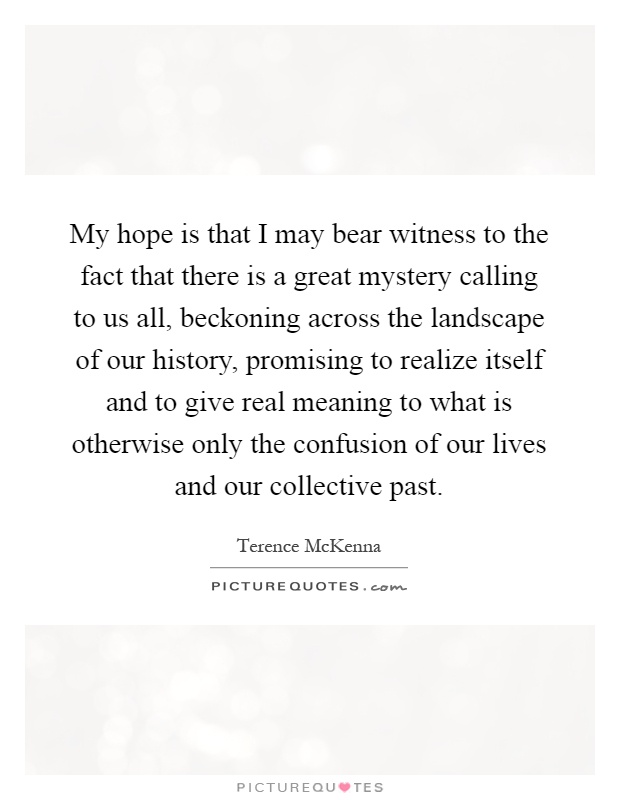 My hope is that I may bear witness to the fact that there is a great mystery calling to us all, beckoning across the landscape of our history, promising to realize itself and to give real meaning to what is otherwise only the confusion of our lives and our collective past Picture Quote #1
