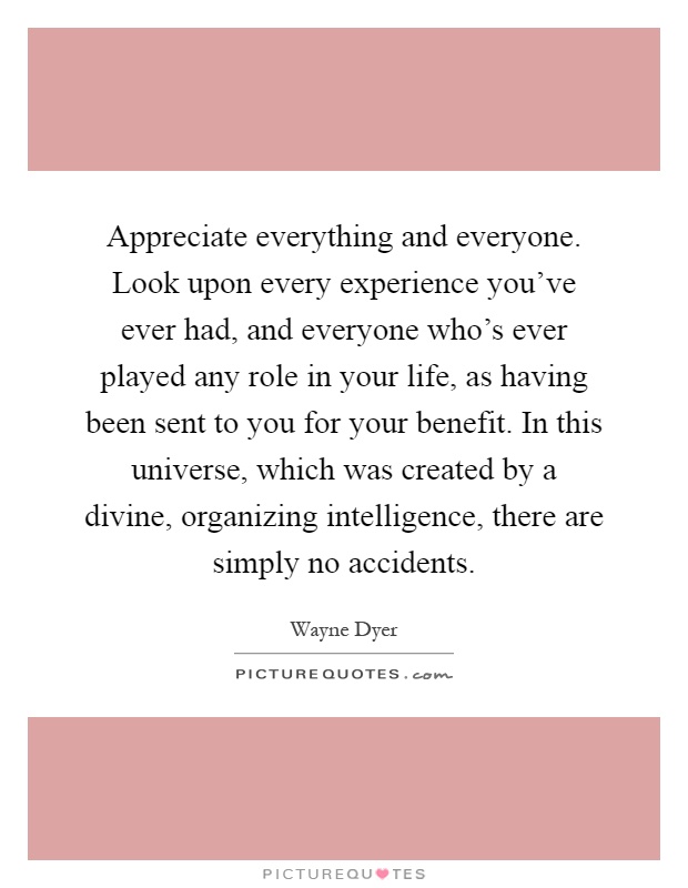 Appreciate everything and everyone. Look upon every experience you've ever had, and everyone who's ever played any role in your life, as having been sent to you for your benefit. In this universe, which was created by a divine, organizing intelligence, there are simply no accidents Picture Quote #1