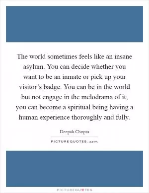 The world sometimes feels like an insane asylum. You can decide whether you want to be an inmate or pick up your visitor’s badge. You can be in the world but not engage in the melodrama of it; you can become a spiritual being having a human experience thoroughly and fully Picture Quote #1
