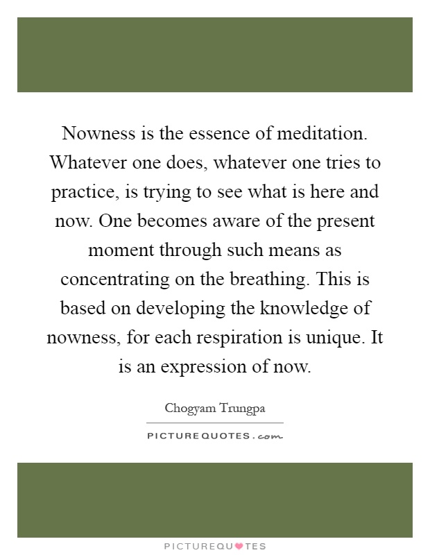 Nowness is the essence of meditation. Whatever one does, whatever one tries to practice, is trying to see what is here and now. One becomes aware of the present moment through such means as concentrating on the breathing. This is based on developing the knowledge of nowness, for each respiration is unique. It is an expression of now Picture Quote #1