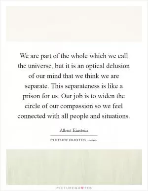 We are part of the whole which we call the universe, but it is an optical delusion of our mind that we think we are separate. This separateness is like a prison for us. Our job is to widen the circle of our compassion so we feel connected with all people and situations Picture Quote #1