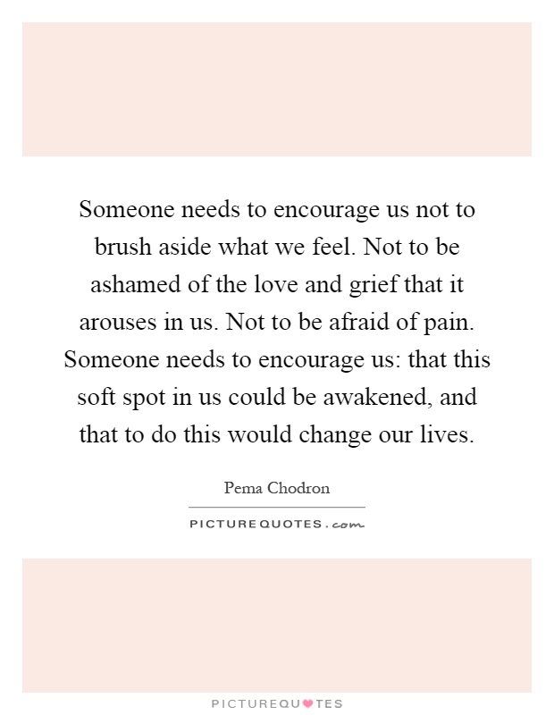Someone needs to encourage us not to brush aside what we feel. Not to be ashamed of the love and grief that it arouses in us. Not to be afraid of pain. Someone needs to encourage us: that this soft spot in us could be awakened, and that to do this would change our lives Picture Quote #1