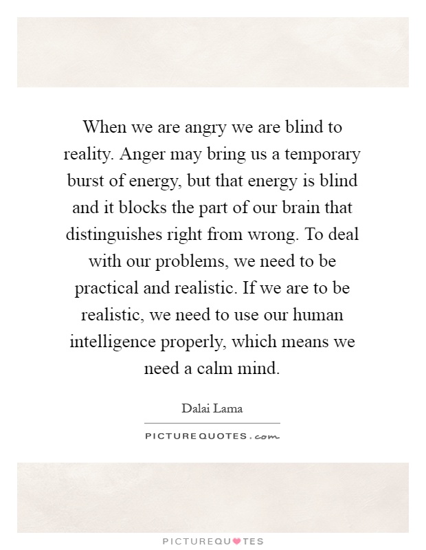 When we are angry we are blind to reality. Anger may bring us a temporary burst of energy, but that energy is blind and it blocks the part of our brain that distinguishes right from wrong. To deal with our problems, we need to be practical and realistic. If we are to be realistic, we need to use our human intelligence properly, which means we need a calm mind Picture Quote #1