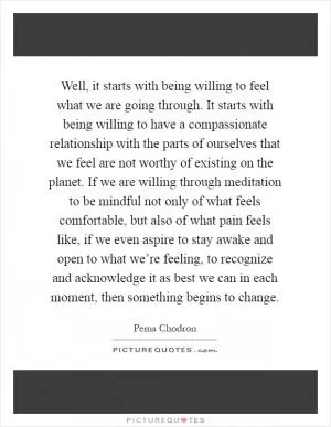 Well, it starts with being willing to feel what we are going through. It starts with being willing to have a compassionate relationship with the parts of ourselves that we feel are not worthy of existing on the planet. If we are willing through meditation to be mindful not only of what feels comfortable, but also of what pain feels like, if we even aspire to stay awake and open to what we’re feeling, to recognize and acknowledge it as best we can in each moment, then something begins to change Picture Quote #1