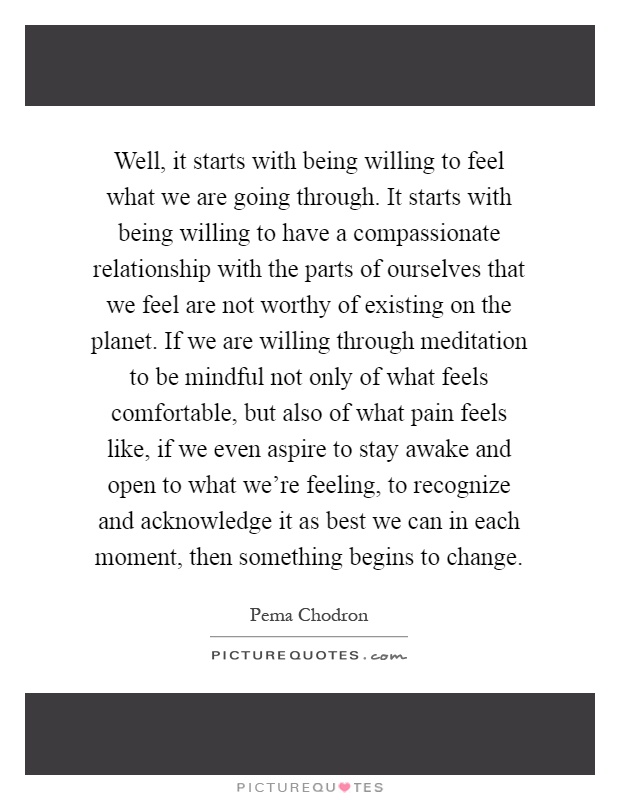 Well, it starts with being willing to feel what we are going through. It starts with being willing to have a compassionate relationship with the parts of ourselves that we feel are not worthy of existing on the planet. If we are willing through meditation to be mindful not only of what feels comfortable, but also of what pain feels like, if we even aspire to stay awake and open to what we're feeling, to recognize and acknowledge it as best we can in each moment, then something begins to change Picture Quote #1