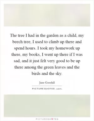 The tree I had in the garden as a child, my beech tree, I used to climb up there and spend hours. I took my homework up there, my books, I went up there if I was sad, and it just felt very good to be up there among the green leaves and the birds and the sky Picture Quote #1