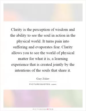Clarity is the perception of wisdom and the ability to see the soul in action in the physical world. It turns pain into suffering and evaporates fear. Clarity allows you to see the world of physical matter for what it is, a learning experience that is created jointly by the intentions of the souls that share it Picture Quote #1