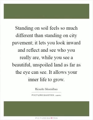 Standing on soil feels so much different than standing on city pavement; it lets you look inward and reflect and see who you really are, while you see a beautiful, unspoiled land as far as the eye can see. It allows your inner life to grow Picture Quote #1