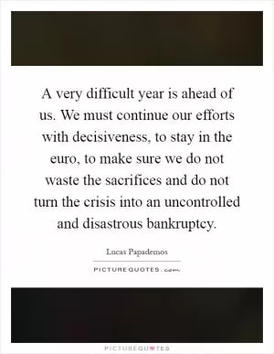 A very difficult year is ahead of us. We must continue our efforts with decisiveness, to stay in the euro, to make sure we do not waste the sacrifices and do not turn the crisis into an uncontrolled and disastrous bankruptcy Picture Quote #1