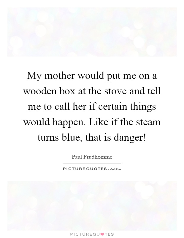 My mother would put me on a wooden box at the stove and tell me to call her if certain things would happen. Like if the steam turns blue, that is danger! Picture Quote #1