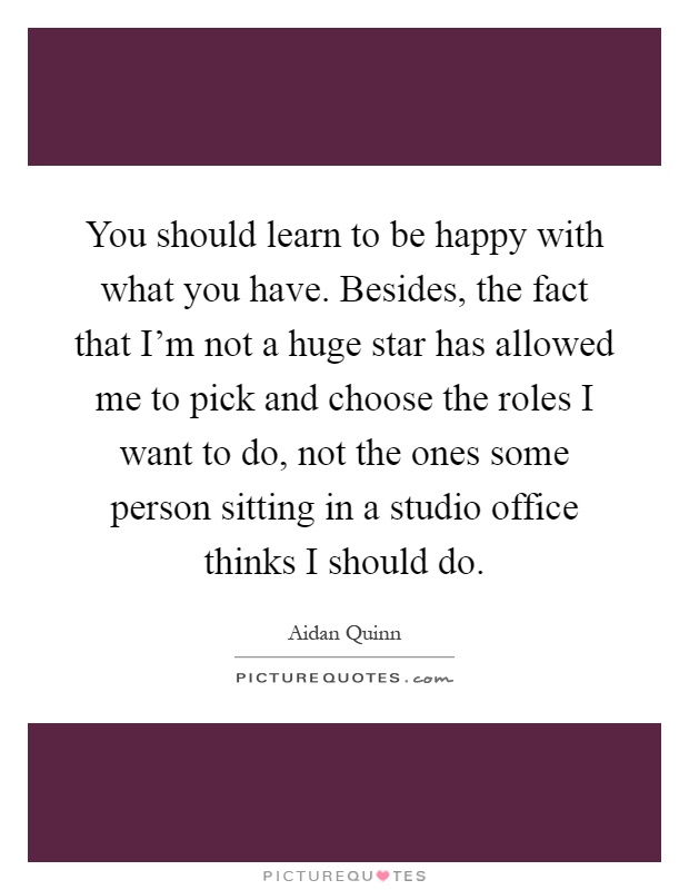 You should learn to be happy with what you have. Besides, the fact that I'm not a huge star has allowed me to pick and choose the roles I want to do, not the ones some person sitting in a studio office thinks I should do Picture Quote #1
