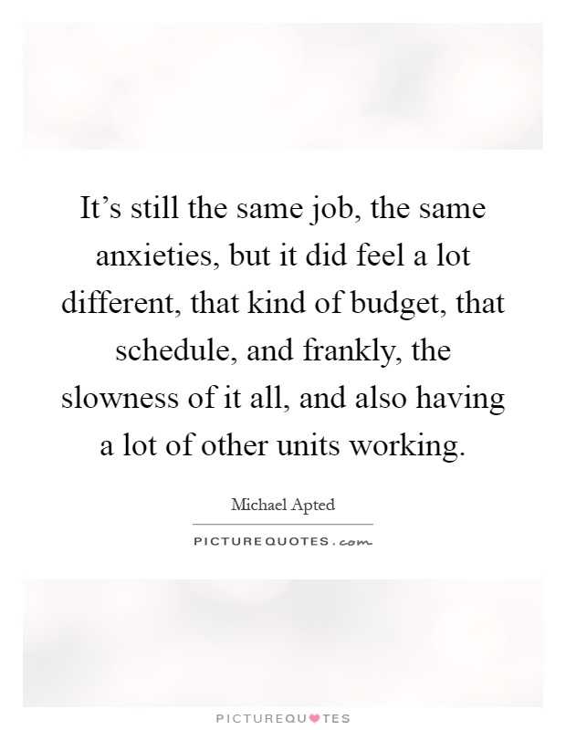 It's still the same job, the same anxieties, but it did feel a lot different, that kind of budget, that schedule, and frankly, the slowness of it all, and also having a lot of other units working Picture Quote #1
