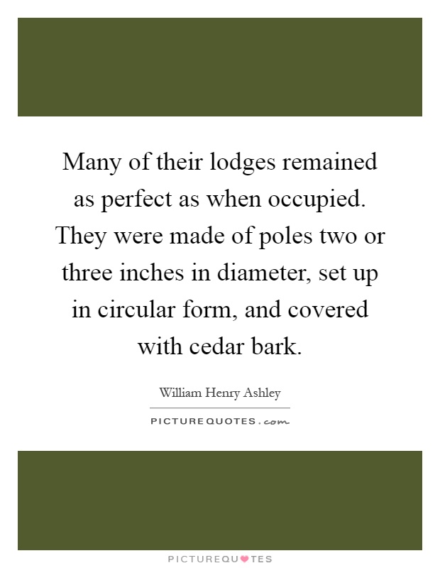 Many of their lodges remained as perfect as when occupied. They were made of poles two or three inches in diameter, set up in circular form, and covered with cedar bark Picture Quote #1