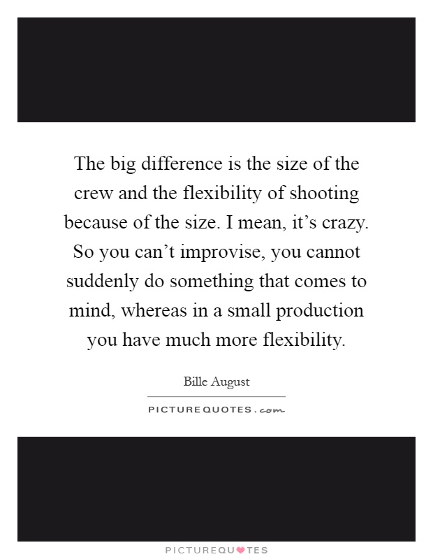 The big difference is the size of the crew and the flexibility of shooting because of the size. I mean, it's crazy. So you can't improvise, you cannot suddenly do something that comes to mind, whereas in a small production you have much more flexibility Picture Quote #1