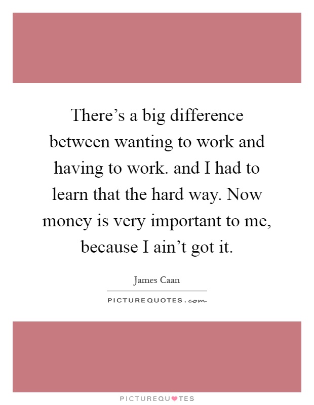 There's a big difference between wanting to work and having to work. and I had to learn that the hard way. Now money is very important to me, because I ain't got it Picture Quote #1