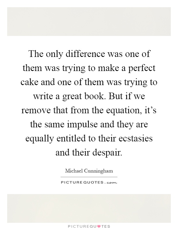 The only difference was one of them was trying to make a perfect cake and one of them was trying to write a great book. But if we remove that from the equation, it's the same impulse and they are equally entitled to their ecstasies and their despair Picture Quote #1