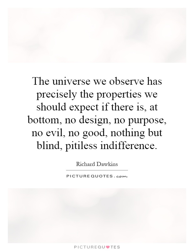 The universe we observe has precisely the properties we should expect if there is, at bottom, no design, no purpose, no evil, no good, nothing but blind, pitiless indifference Picture Quote #1