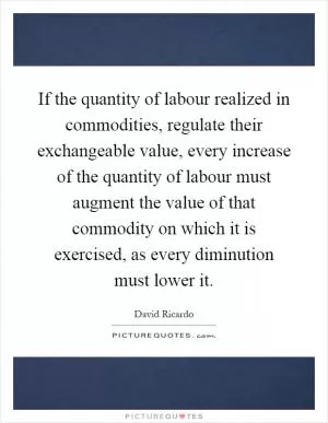 If the quantity of labour realized in commodities, regulate their exchangeable value, every increase of the quantity of labour must augment the value of that commodity on which it is exercised, as every diminution must lower it Picture Quote #1