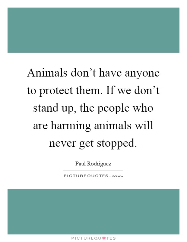 Animals don't have anyone to protect them. If we don't stand up, the people who are harming animals will never get stopped Picture Quote #1