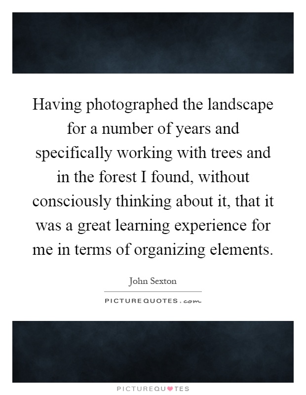 Having photographed the landscape for a number of years and specifically working with trees and in the forest I found, without consciously thinking about it, that it was a great learning experience for me in terms of organizing elements Picture Quote #1