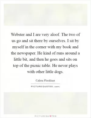 Webster and I are very aloof. The two of us go and sit there by ourselves. I sit by myself in the corner with my book and the newspaper. He kind of runs around a little bit, and then he goes and sits on top of the picnic table. He never plays with other little dogs Picture Quote #1