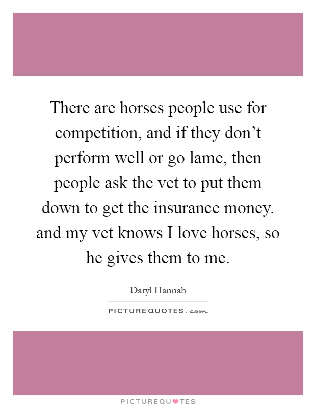 There are horses people use for competition, and if they don't perform well or go lame, then people ask the vet to put them down to get the insurance money. and my vet knows I love horses, so he gives them to me Picture Quote #1