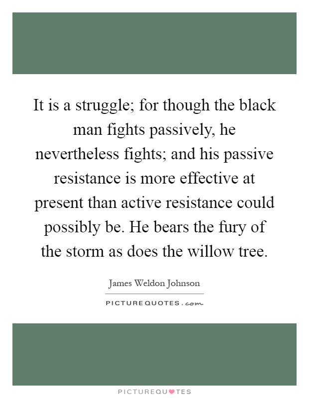 It is a struggle; for though the black man fights passively, he nevertheless fights; and his passive resistance is more effective at present than active resistance could possibly be. He bears the fury of the storm as does the willow tree Picture Quote #1