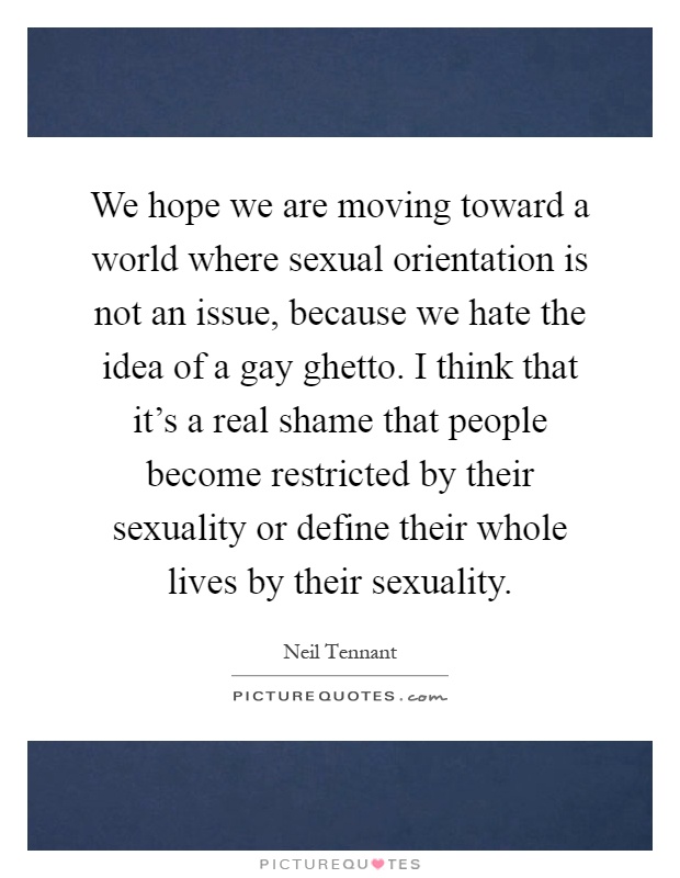 We hope we are moving toward a world where sexual orientation is not an issue, because we hate the idea of a gay ghetto. I think that it's a real shame that people become restricted by their sexuality or define their whole lives by their sexuality Picture Quote #1