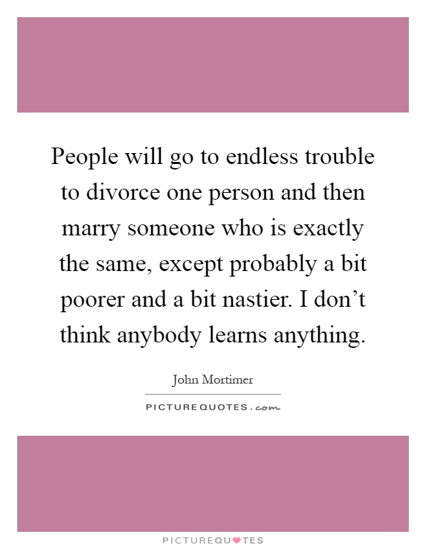 People will go to endless trouble to divorce one person and then marry someone who is exactly the same, except probably a bit poorer and a bit nastier. I don't think anybody learns anything Picture Quote #1