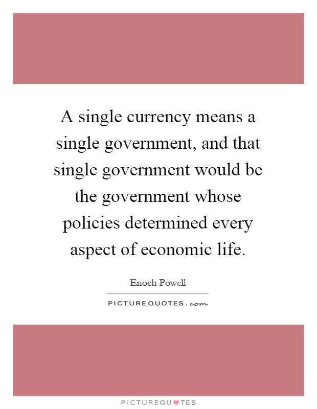 A single currency means a single government, and that single government would be the government whose policies determined every aspect of economic life Picture Quote #1
