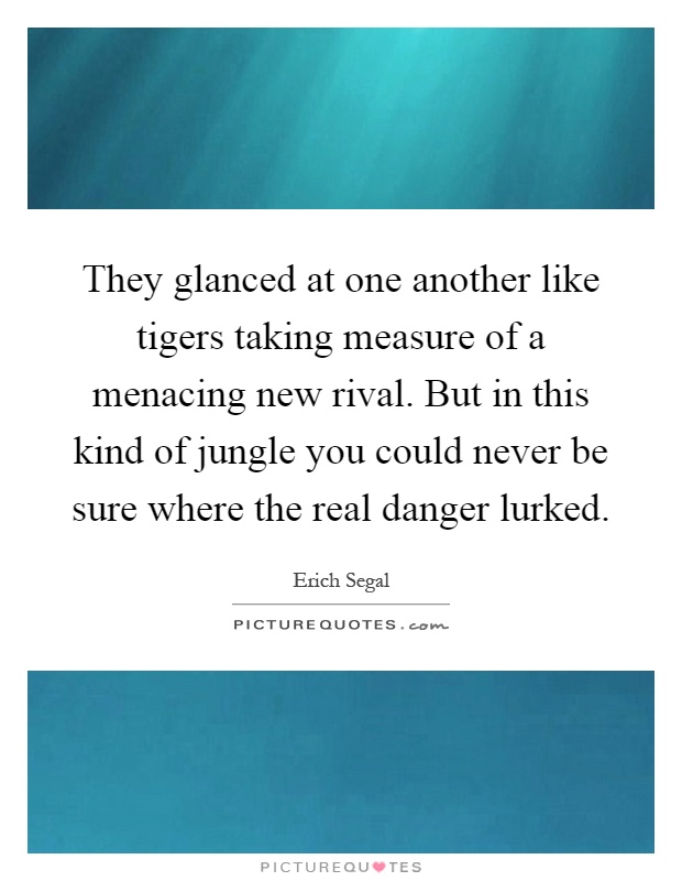 They glanced at one another like tigers taking measure of a menacing new rival. But in this kind of jungle you could never be sure where the real danger lurked Picture Quote #1