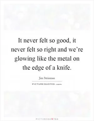 It never felt so good, it never felt so right and we’re glowing like the metal on the edge of a knife Picture Quote #1