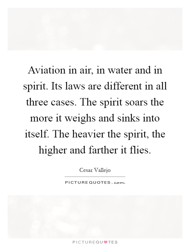 Aviation in air, in water and in spirit. Its laws are different in all three cases. The spirit soars the more it weighs and sinks into itself. The heavier the spirit, the higher and farther it flies Picture Quote #1