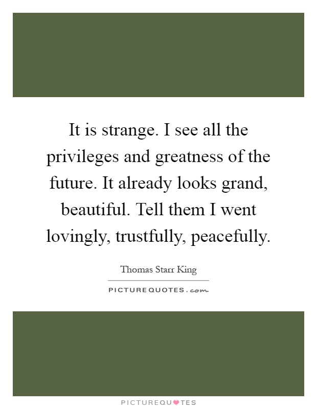 It is strange. I see all the privileges and greatness of the future. It already looks grand, beautiful. Tell them I went lovingly, trustfully, peacefully Picture Quote #1