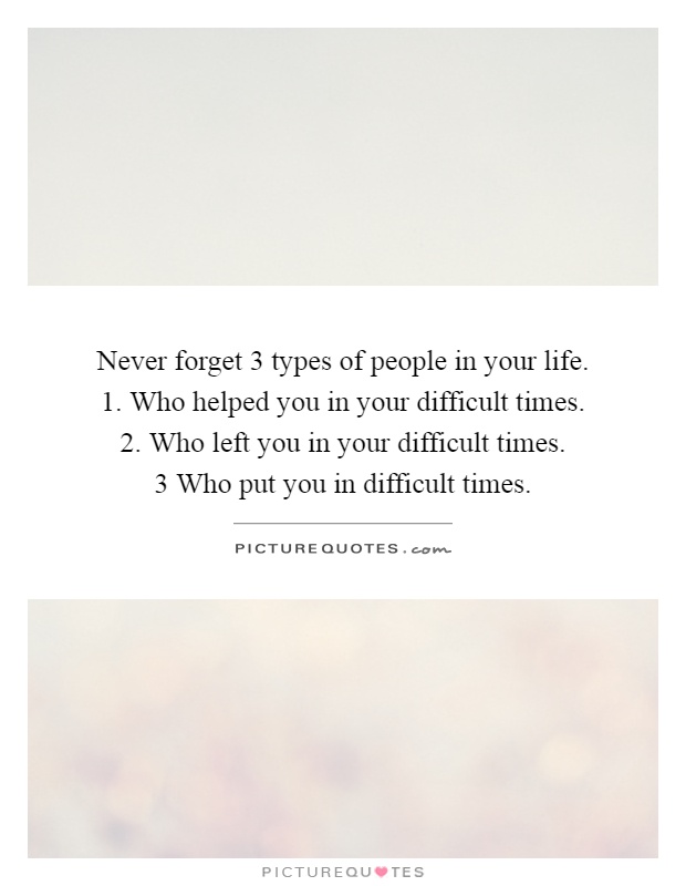 Never forget 3 types of people in your life.  1. Who helped you in your difficult times.  2. Who left you in your difficult times.  3 Who put you in difficult times Picture Quote #1