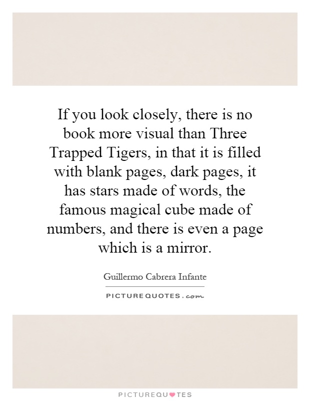 If you look closely, there is no book more visual than Three Trapped Tigers, in that it is filled with blank pages, dark pages, it has stars made of words, the famous magical cube made of numbers, and there is even a page which is a mirror Picture Quote #1