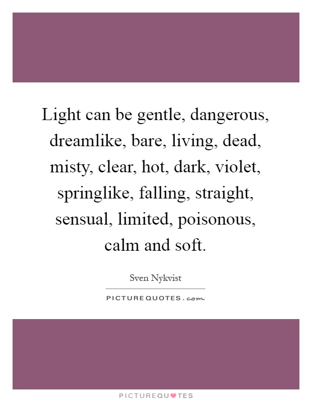 Light can be gentle, dangerous, dreamlike, bare, living, dead, misty, clear, hot, dark, violet, springlike, falling, straight, sensual, limited, poisonous, calm and soft Picture Quote #1