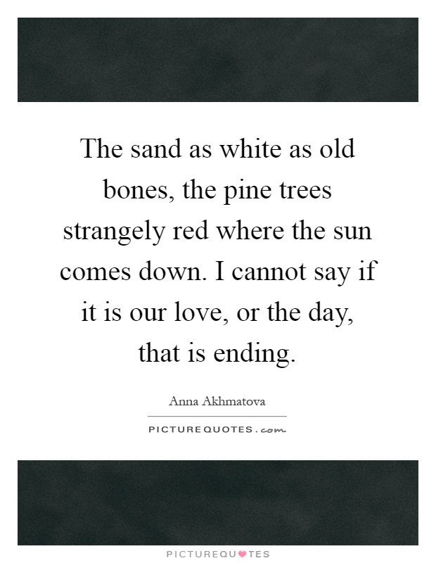 The sand as white as old bones, the pine trees strangely red where the sun comes down. I cannot say if it is our love, or the day, that is ending Picture Quote #1