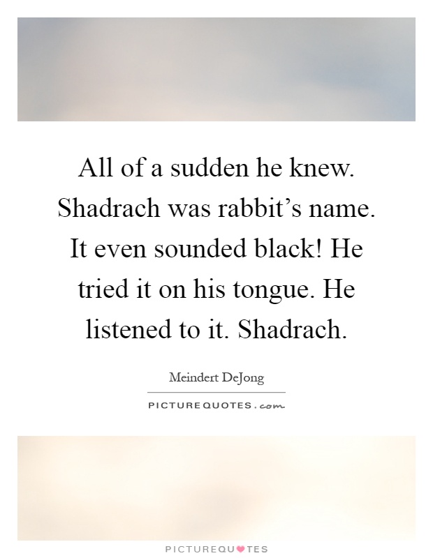 All of a sudden he knew. Shadrach was rabbit's name. It even sounded black! He tried it on his tongue. He listened to it. Shadrach Picture Quote #1