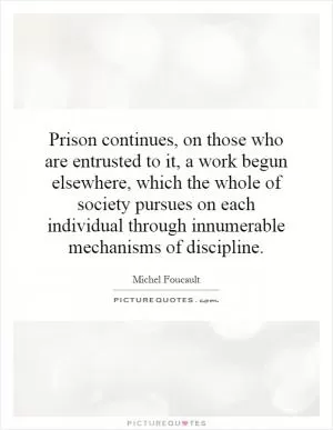 Prison continues, on those who are entrusted to it, a work begun elsewhere, which the whole of society pursues on each individual through innumerable mechanisms of discipline Picture Quote #1