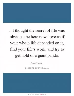 .. I thought the secret of life was obvious: be here now, love as if your whole life depended on it, find your life’s work, and try to get hold of a giant panda Picture Quote #1